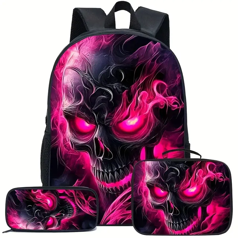 Skull Print Backpack Set, Men's Trendy and Cool Bag, Featuring a Dark-Themed 2D Printed, Cute Gothic Style # backto school # Backpack set # school gifts # girls gifts # boys gifts # birthday gifts, 17in Bookpack