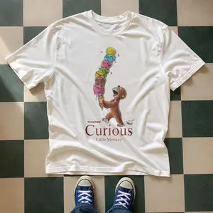 Curious Little Monkey Ice Cream Graphic Tee White Unisex Gildan Vintage y2k Inspired Baby Tee,  aesthetic graphic tshirt, summer tee, 90s,y2k