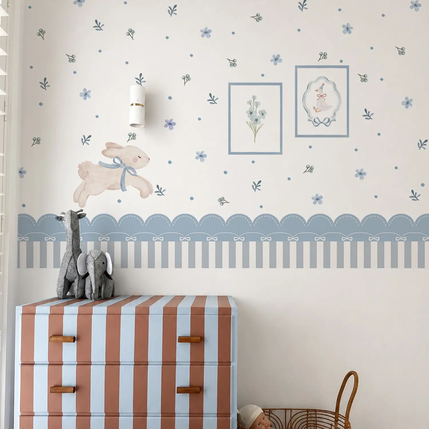 Bunny Floral Wall Border Decal Set, Peel and Stick Watercolor Flower Rabbit Wall Stickers with Scalloped Border, Framed Art Decals & 81 Small Decals for Bedroom, Playroom, Nursery Room Decor