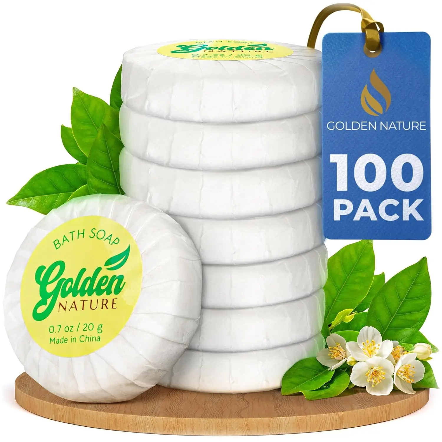 Golden Nature Hotel Soap Bars, 100-Pack of 0.7 oz Jasmine Scented Cleansing Bars, Cruelty-Free & Individually Wrapped Travel-Size Bulk for Adults & Airbnb Guests, Luxury, Floral, Body Care, Vegan, Cleanser, Aroma, Gift