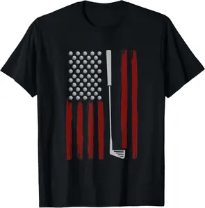 100% Cotton Retro American Flag Golf Golfer Funny Golf Club Golfing T-Shirt