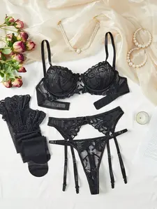 VEXA Womens Embroidered Mesh Lingerie Set | Eyelash Lace Bra, Panty, Garter Belt and Stockings