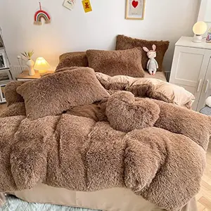 Faux Fur Plush Coffee Comforter Sets King - Ultra Shaggy Flannel Velvet Fluffy Fuzzy 3PC (Comforter x 1 Pillowcases x 2)