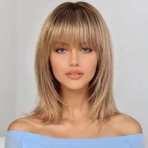 Jessie's Wig [Ayla] Ombre Ash Blonde Straight Layered Bob Wig With Bangs For Women 5.5x5.5 Lace Glueless Wig