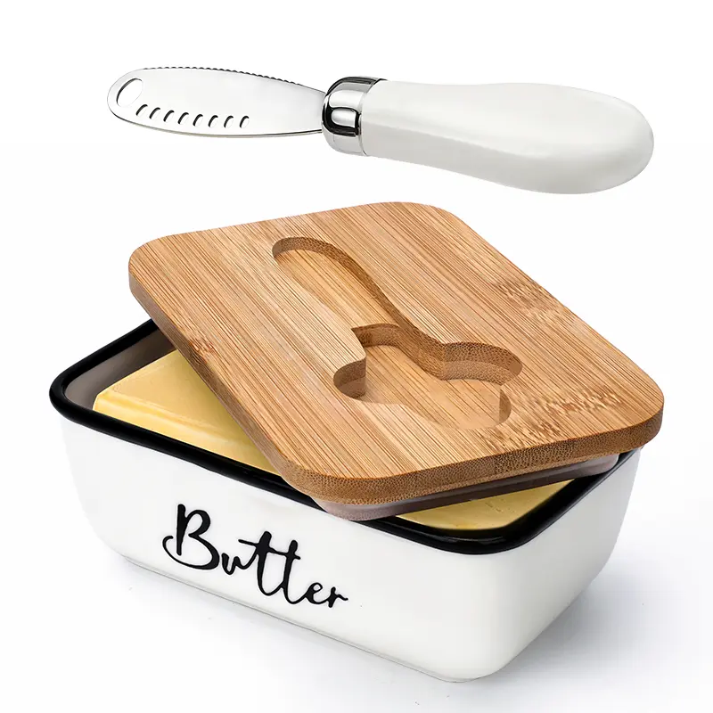 Premium Stainless Steel Butter Box with Bamboo Lid and Knife - 2-Layer Silicone Seal, Lightweight Kitchenware Utensil, Bamboo Lid Brings Warm Rustic Style, for Freshness Preservation & Countertop Storage, Utensils