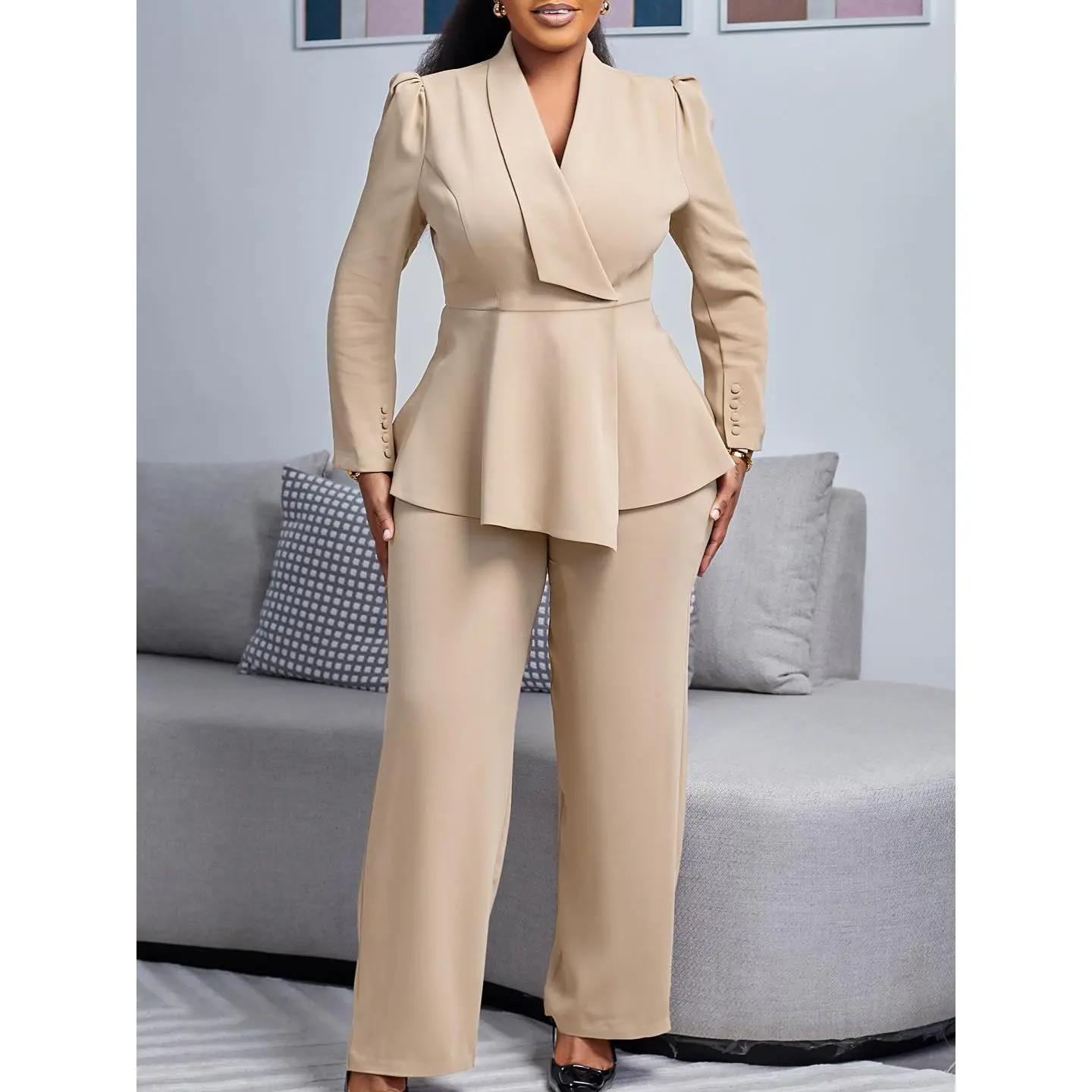 Women's Plus Size Plain Beige 2-Piece Chic Business Suit Set - Longsleeve Peplum Blazer with Asymmetrical Collar, Button Closure, Wide-Leg Trousers, Formal Office Workwear Clothes for Style-Conscious Ladies