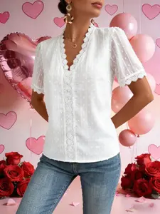 Polka Dot Lace V Neck Puff Sleeve Fitted Top Blouse, Women's Sheer Feminine Romantic Casual T-Shirt for All Seasons, Perfect for Valentine's Day Womenswear