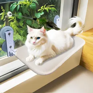 Foldable Cat Window Perch Seat Hammock with 4 Strong Suction Cups Easy to Assemble Comes with Cat Wand Cream