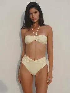 Women's High-Waisted Drawstring Bikini Set, Halter Bikini Top, Fashionable Sexy Halter Neck Two-Piece Swimsuit, Casual Beach Pool Party Wear, Drawstring Swimsuits