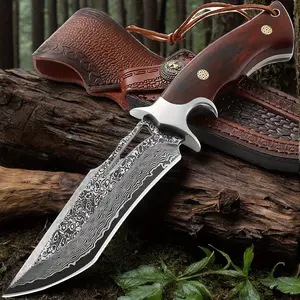 Damascus pattern high-quality kitchen knife handmade fixed knifewith wooden handle, leather case, portable design, easy to carry outdoors, fast cutting, the best gift for men, collectible kitchen knife, gift for meat and vegetable processing