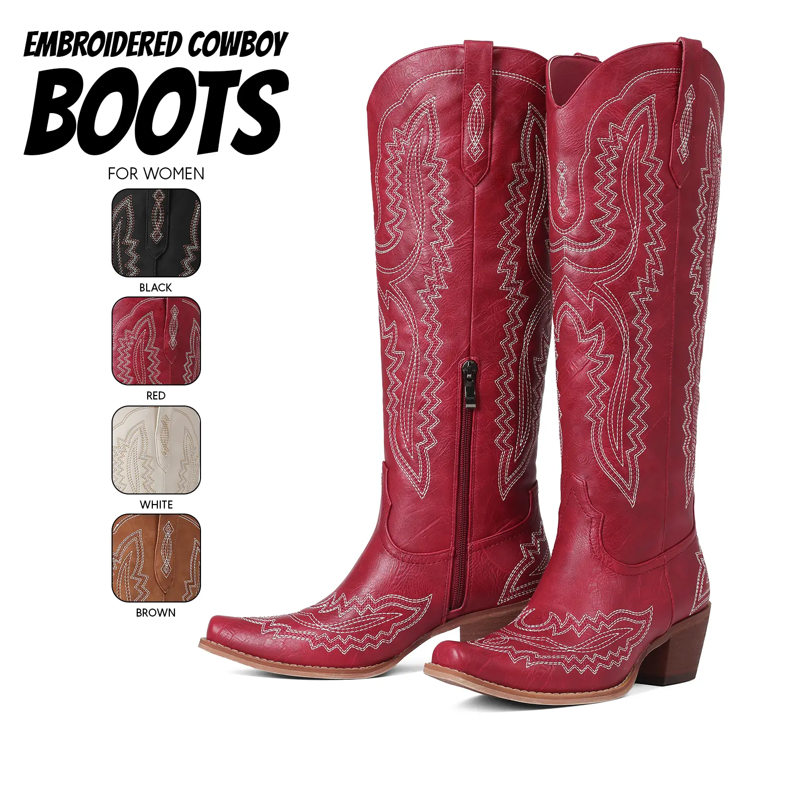 Cowboy Boots For Women Knee High Western Boot Pointed Toe Chunky Block Heel Side Zipper Embroidered Pull On Classic Retro Cowgirl Boots Country Wedding Festival Party Riding Vacation Work Tall Boots