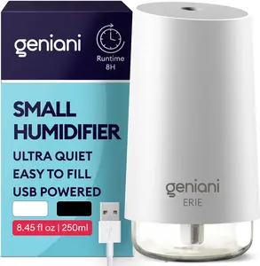 Geniani 250ML Portable Cool Mist Humidifier USB Powered Auto Shut Off Night Light Mini Diffuser Aroma Terapia Baby Friendly Compact Design 38dB Quiet Operation 8 Hours Runtime