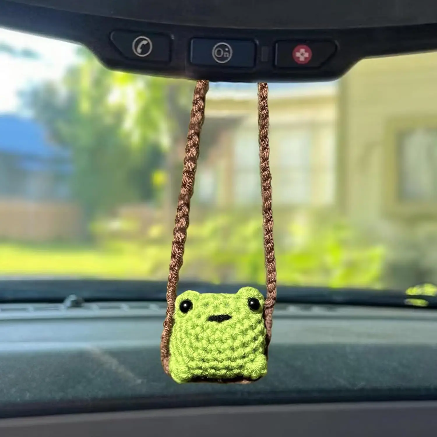 Handmade Green Cute Crochet Frog Car Rear View Mirror Hanging Charm - 7 Inches Synthetic Cute Accessories for Mother’s Day, Car Interior/Office Shelves Decoration