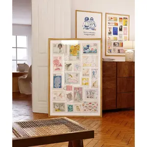 Vintage Stamps Print, Trendy Stamp Collection Poster, Retro Wall Art, Funky Aesthetic Print for Apartment