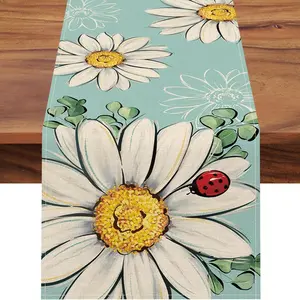 1 PC, Spring-Summer Daisy Blue Table runner, Floral Eucalyptus Leaf Ladybird Kitchen Dining Table Decoration, Seasonal Indoor-Outdoor Home Decor Party Supplies