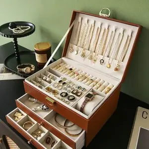 Large Capacity Jewelry Box Jewelry Organizer Armoire with Multi-Layer Drawers, Rhombic Texture Surface, Locks, Ring Slots, Necklace Hooks, Bracelet Compartments