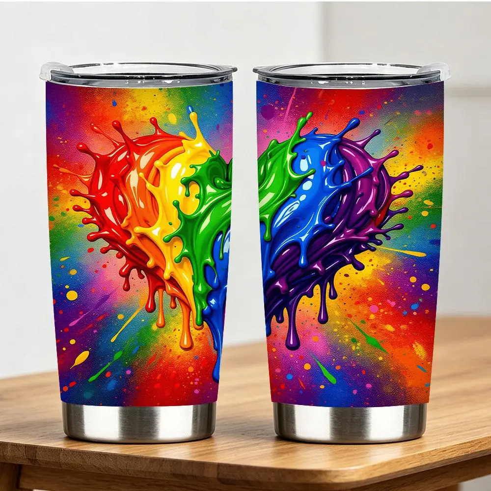 Rainbow Dripping Paint Splash Heart Tumbler, 12/18/20/22/30/40 oz Stainless Steel Cup, Vibrant Graffiti Art Drinkware Gift