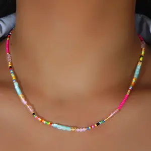 Light Luxury High-End Women’s Fine Rice Bead Woven Necklace with Vibrant Color Matching Accessories, Versatile Women’s Jewelry for Daily Use Matelasse Chain