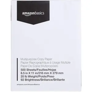 Amazon Basics Multipurpose Copy Printer Paper, 8.5 X 11 Inches, 20 Lb, 1 Ream, 500 Sheets, 92 Bright, White AZ8511201R