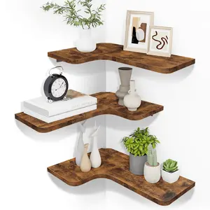 Homode Corner Floating Shelves, Set of 3 Corner Wall Shelves with Wire Hole, L-Shaped Wood Hanging Storage Shelf for Wall Decor, for Bathroom Kitchen Bedroom