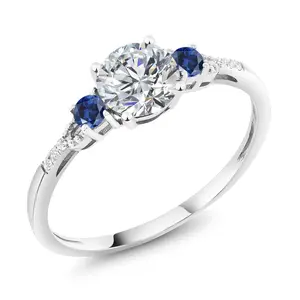 Gem Stone King 10K White Gold Lab Grown Diamond and Blue Created Sapphire Engagement Ring For Women | 0.87 Cttw | Round 6MM | Gemstone Birthstone | Wedding Engagement Anniversary Promise Ring