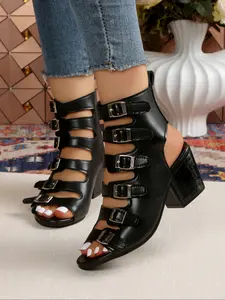 Roman Summer Buckle Sandals New Trendy Hollow Out Fashion High Heel Boots, PU Leather Casual Style Above Ankle Below Knee Classy Sandal