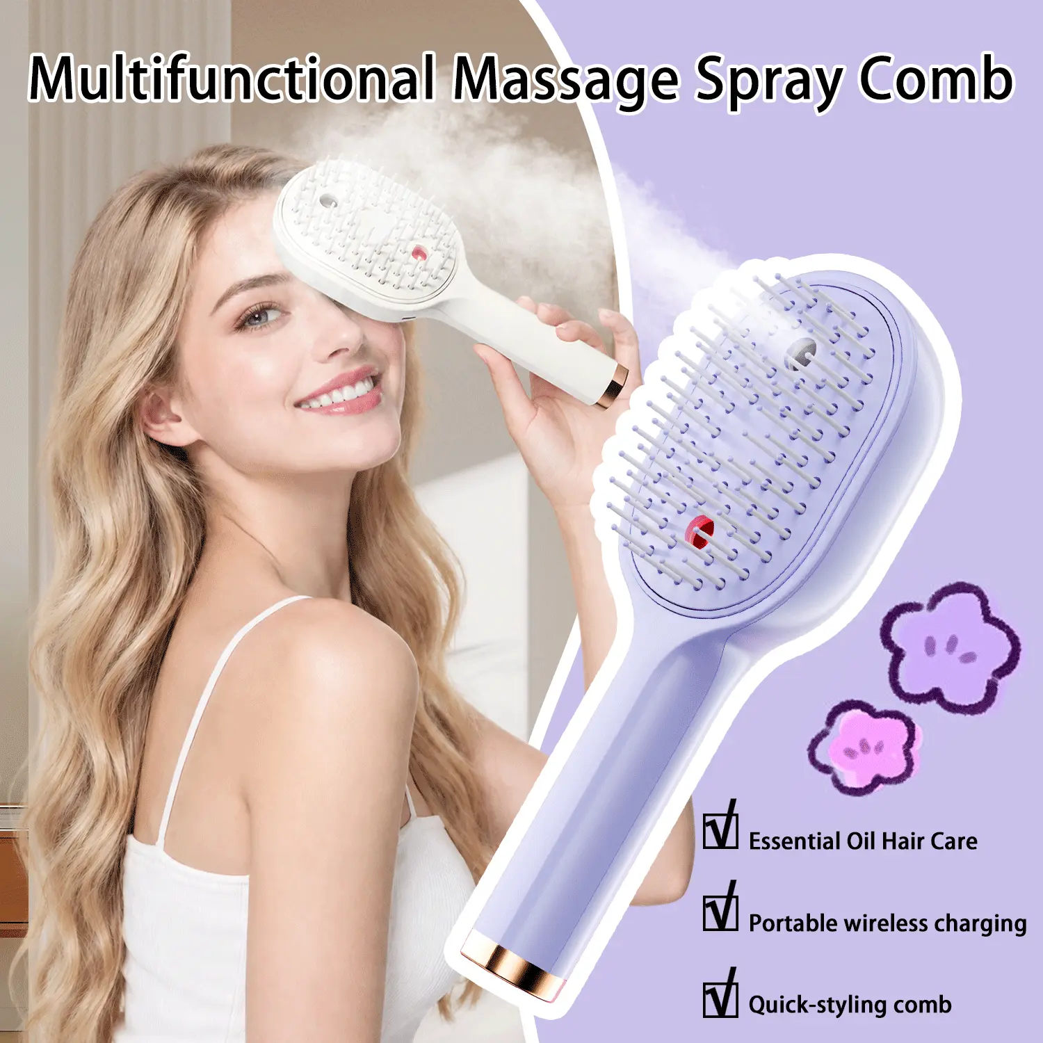 Multi-Functional Electric Spray Massage Comb, Essential Oil Aromatherapy Scalp Care Brush, Self-Cleaning Anti-Static Comb for Damaged Hair