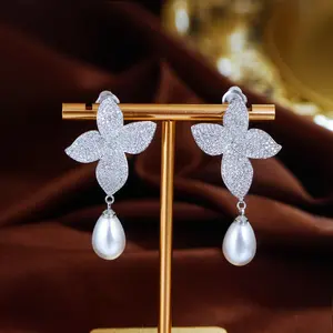 Clip On Cubic Zirconia Flower & Pearl Drop Earrings, Sparkling Floral Earrings for Women, No Piercing Needed, Ideal for Weddings, Bridal & Formal Events