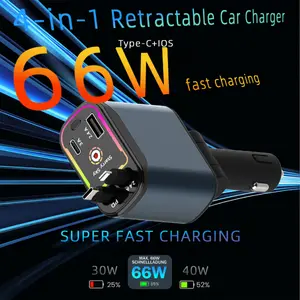Four-in-one rapid car charger, compatible with iPhone 17/16/15/15 Pro Max/14 Pro/Max/13/12/11 and Android devices via extendable cable. Features a red star ambient lighting design with 66W powerful fast charging, suitable for all vehicle models.