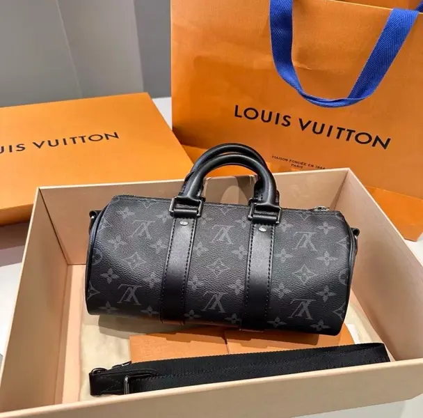 ‮ VL  ‬Keepall XS Black Monogram Eclipse Canvas Unisex Mini Duffle Bag Top Handle Crossbody Handbag