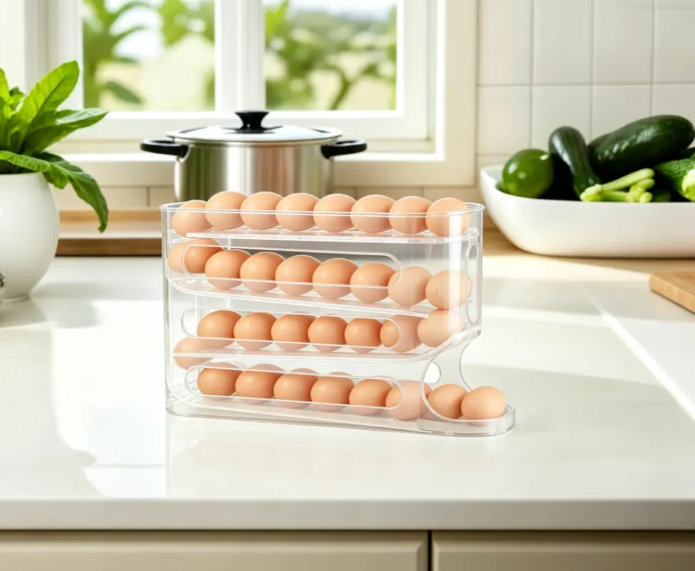 24 Egg Capacity FIFO Rolling Egg Organizer, 1 Pack Clear Plastic Auto Slide Egg Holder, Compact Space Saver Storage Rack Works for Fridge Interior & Kitchen Countertop