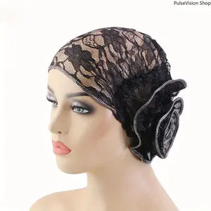 Women's Breathable Lace Floral Headscarf Cap Black with White Rose Accents Veil Hat for Stylish Comfort