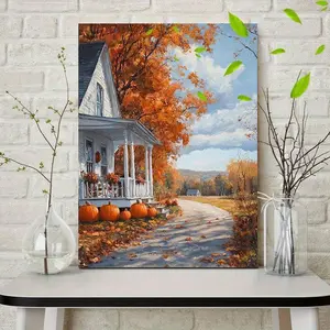 1pc Framed Autumn Scenery Canvas Painting - Rustic Cottage Fall Foliage & Pumpkins Wall Art, Wood Frame Wrap-Around Picture, Warm Fall Colors for Living Room, - Ready-to-Hang Farmhouse Plank Picture ( Use), 2D Flat, Perfect for Room Decor	