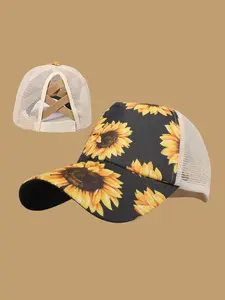 Sunflower Print Trucker Hat, Casual Outdoor Sports Hat for Women & Men, Fashion Accessories for Daily Wear