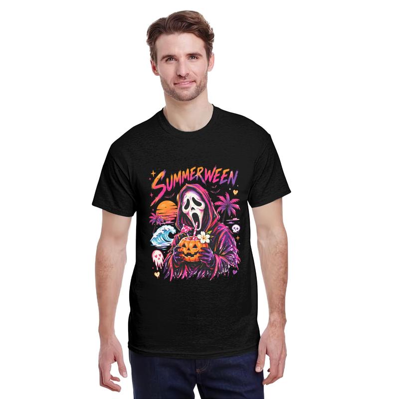 Men's Soft Cotton Printed Short-Sleeve Round Neck Vintage Ghost Art Beach Tee - Halloween Menswear Top