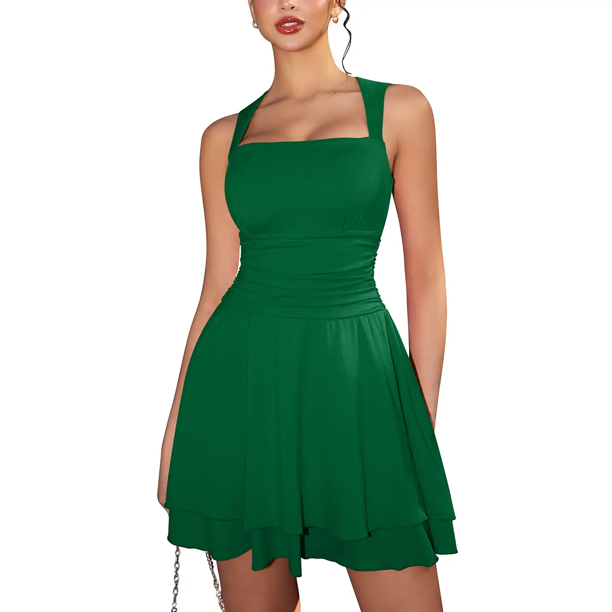 OYS Women's Square Neck Sleeveless Bodycon Ruched Waist Flowy A-Line Ruffle Hem Mini Dress