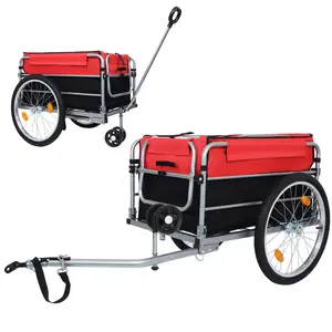 56.75*24*37 Inch Black Red Steel Folding Bike Cargo Trailer, 220LBS Heavy‑Duty Bicycle Wagon with 20" Pneumatic Tires Universal Hitch Oxford Fabric Cover for Grocery Hauling Cycling Travel Outdoor Transport