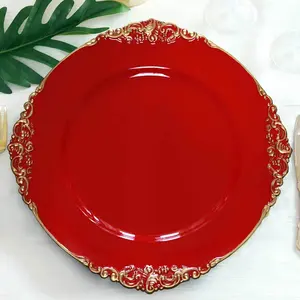 6-Pack Acrylic Charger Plates 13" Round Red with Gold Embossed Baroque Rim - Antique Decorative Dinner Tableware
