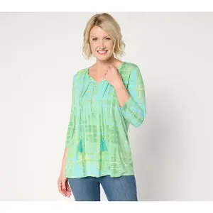 Belle by Kim Gravel Rayon Spandex Blurred Plaid Tassel Top