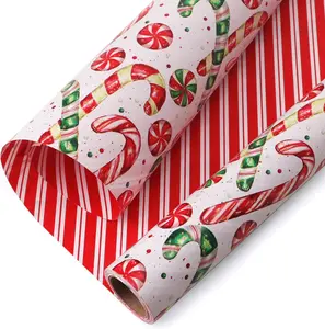 Christmas Wrapping Paper Reversible Christmas Candy Cane and Stripe  Wrapping Paper Rolls Holiday Presents Decoration-17 Inch x 33
