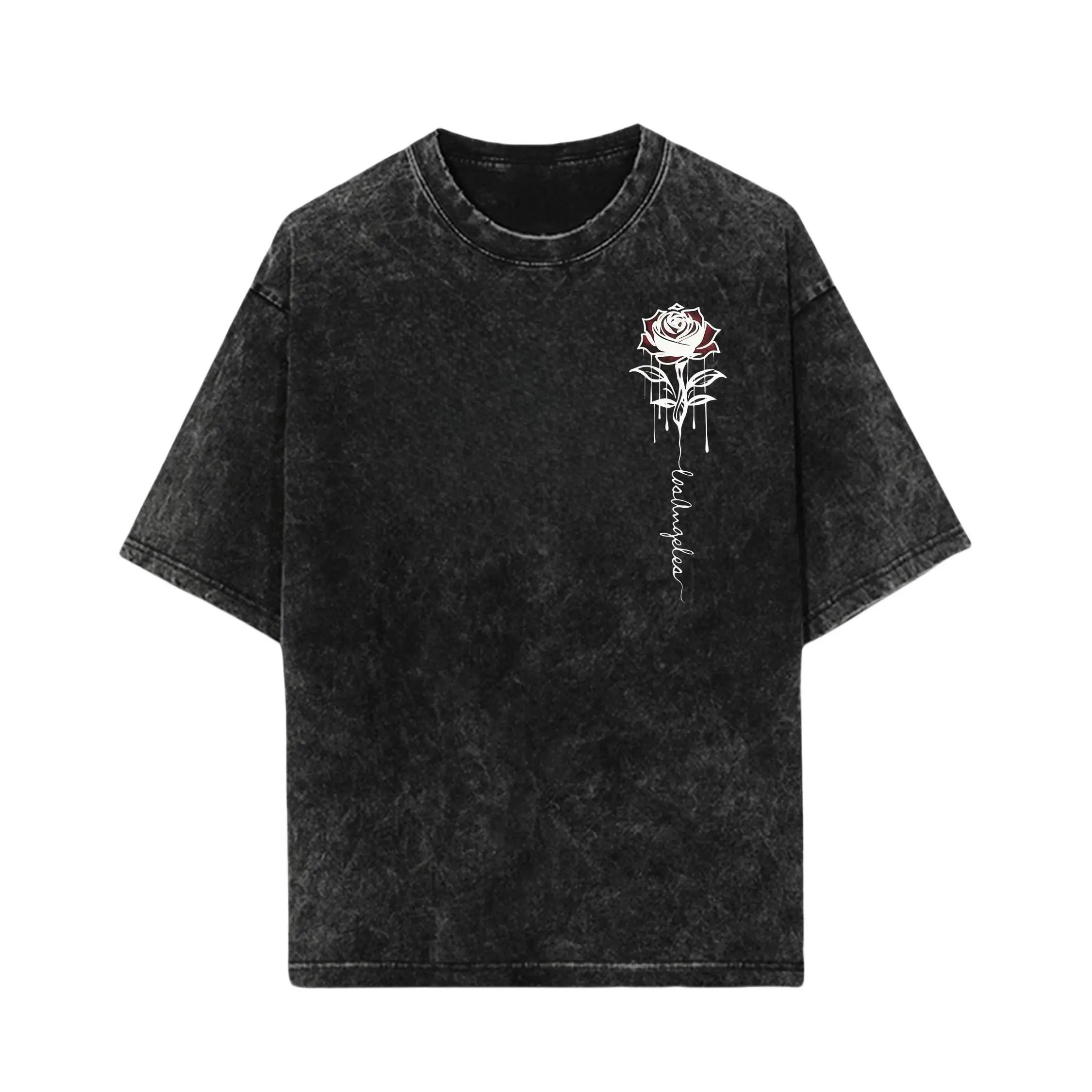 Unisex Vintage Washed Rose Graphic T-Shirt 100% Cotton Loose Fit Crewneck Short Sleeve Summer Casual Top Breathable Lightweight Streetwear with Dripping Rose Print Soft Comfortable Daily Wear for Men Women