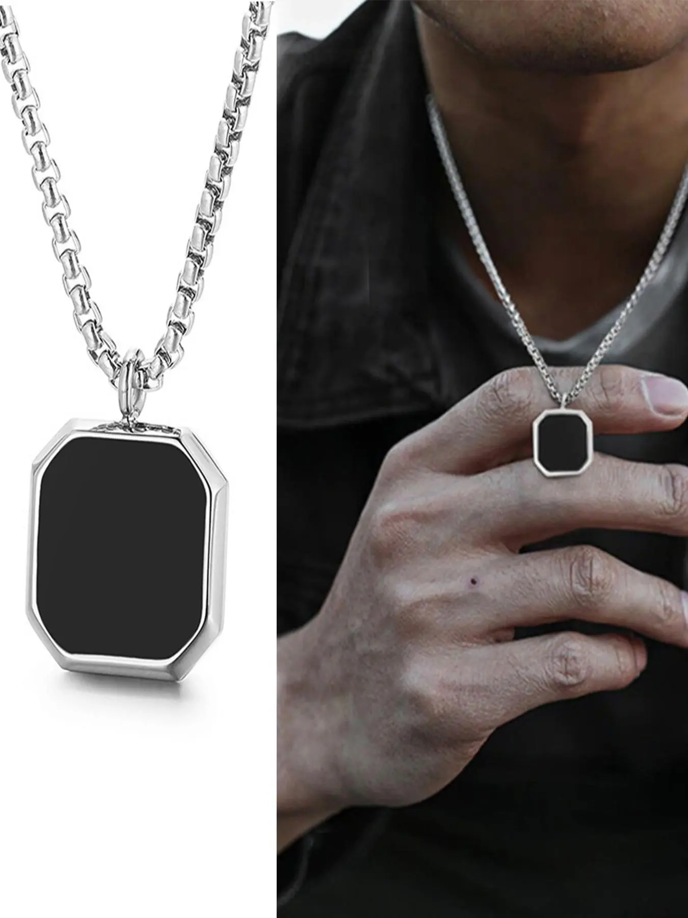 Men's Street Trend Square Shaped Geometric Design Stainless Steel Pendant Necklace, Retro Trendy Pendant Necklace, Minimalist Necklaces, Chic Vintage Jewelry As Gift for Boyfriend
