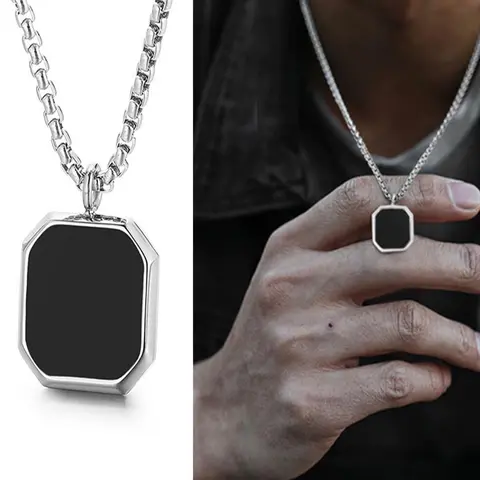 Men's Street Trend Square Shaped Geometric Design Stainless Steel Pendant Necklace, Durable Fashion Accessory, Retro Trendy Pendant Necklace, Minimalist Necklaces, Chic Vintage Jewelry As Gift for Boyfriend