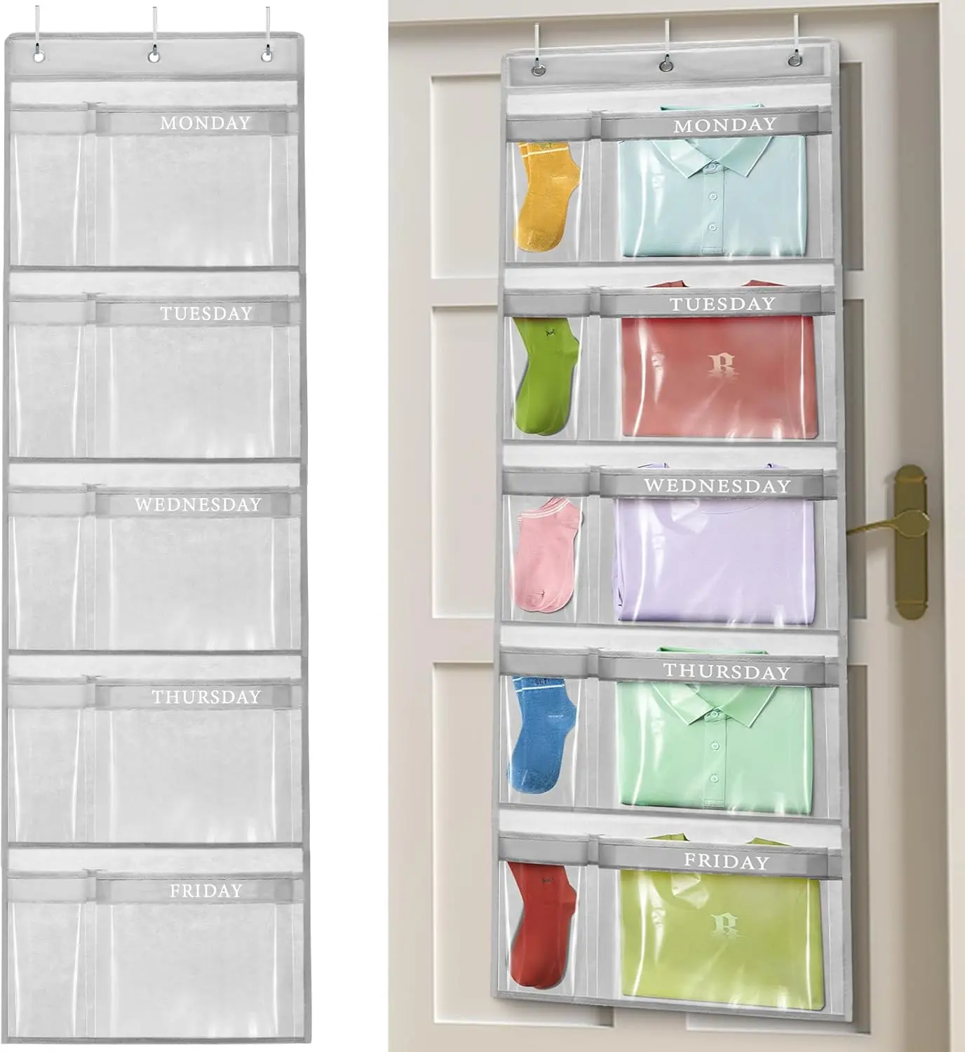 Grey Weekly Clothes Organizer for Busy Parents - Clearly Labeled Hanging Closet Storage Shelves with 5 Large Pockets, 17.4x58in, Door Mount Compatible for Wardrobe Dorm Room Bedroom Home Organization