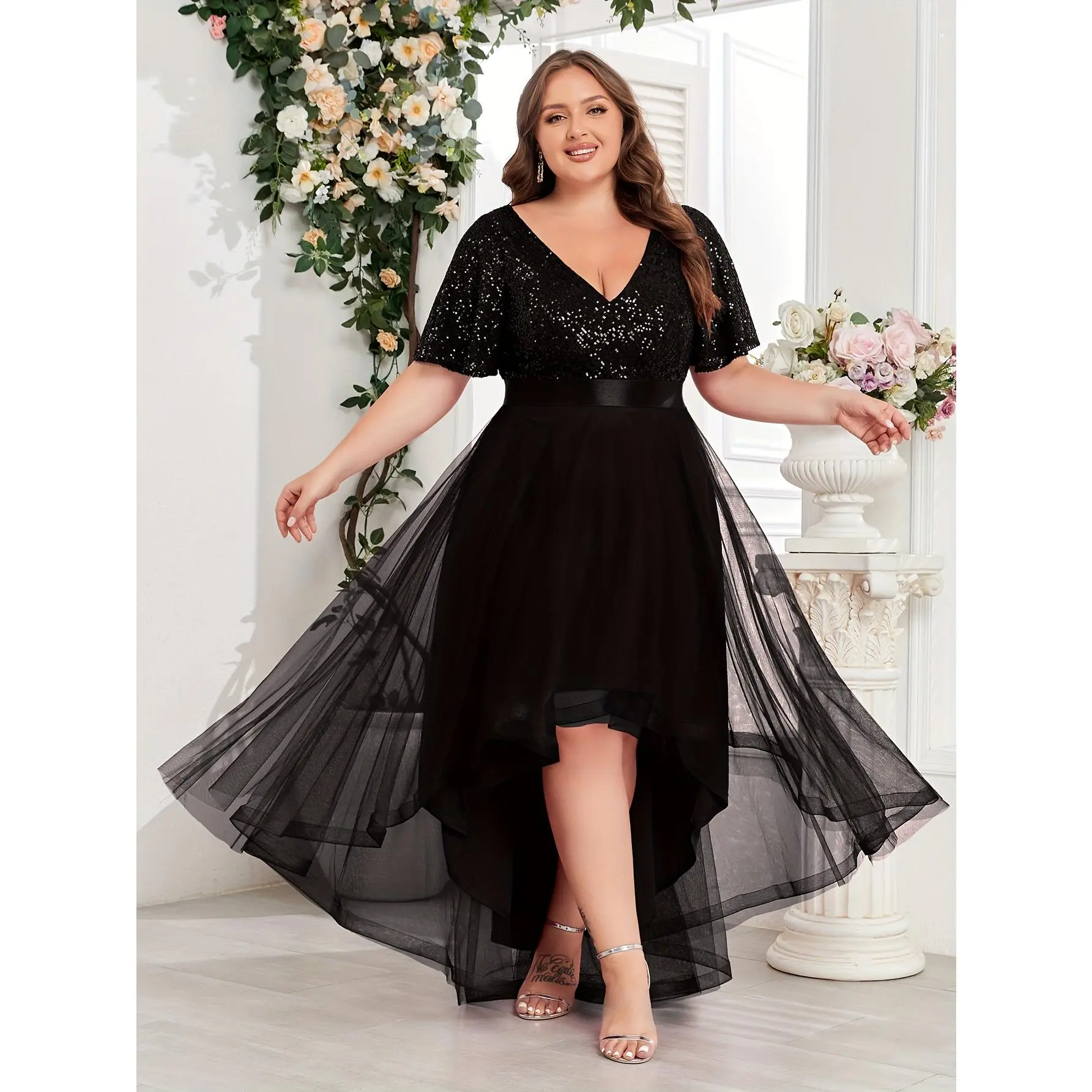 Plus Size Women's Black Maxi Dress with V Neck Short Sleeves Sequin Design High Low Mesh for Weddings Parties Proms Bridesmaid Attire - TikTok Shop Plus Size Women's Black Maxi Dress with V Neck Short Sleeves Sequin Design High Low Mesh for Weddings Parties Proms Bridesmaid Attire - TikTok Shop