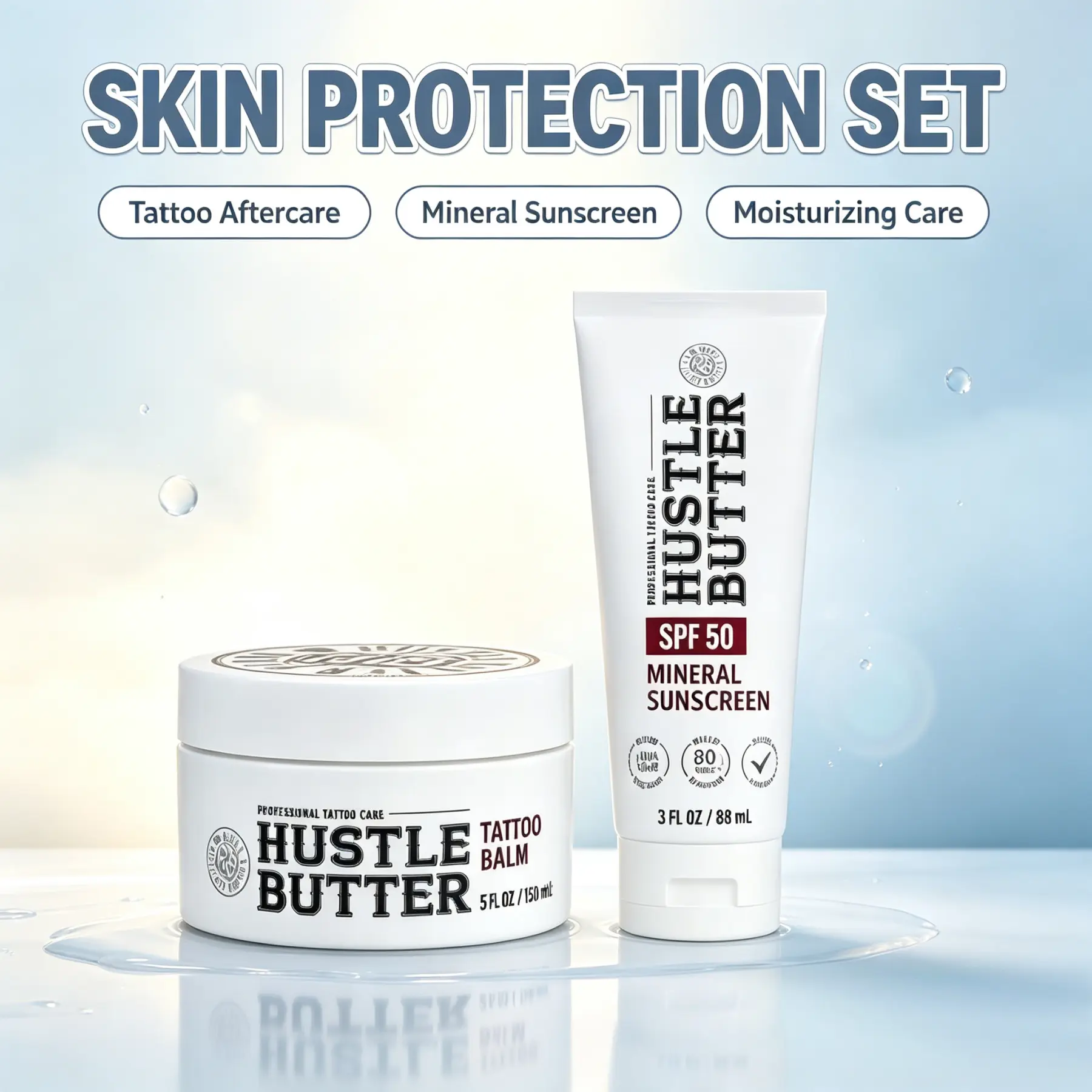 2-Piece Tattoo Aftercare Kit with Hustle Butter Healing Balm & Water-Resistant SPF50 Sunscreen, Moisturizes Fresh Ink, Blocks UV Rays, Prevents Fading, For Daily Skin Protection of New & Existing Art