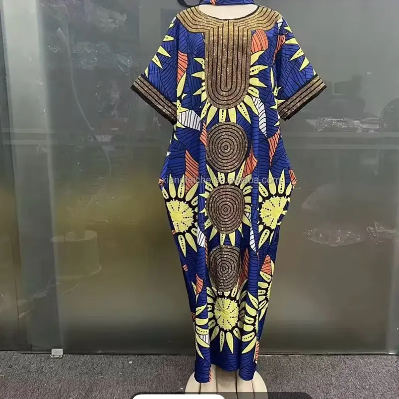 2026 African Ethnic Style Red Background Sunflower Print Hot Stamping Long Robe Large Size Loose Short Sleeved