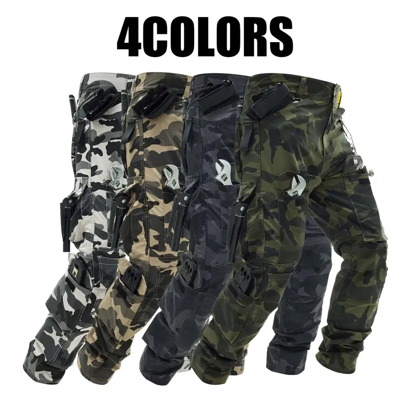 Men's Green Hunt-Ready Camo Polyester Casual Cargo Pants - Durable, Windproof EDC Cargo Bottoms with Drop Pockets, Menswear Trail-Tough Pants for Hiking, Light Outdoor Use