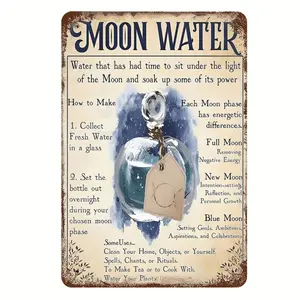 1pc Vintage "Moon Water" Metal Sign 12x8" - Witchcraft & Moon Phases Decorative Poster with Blue Moon Phase Elegant Glass Bottle Design for Home, Living Room, Bedroom, Garden, Office, Cafe, Bar, 2D, Perfect for Room Decor