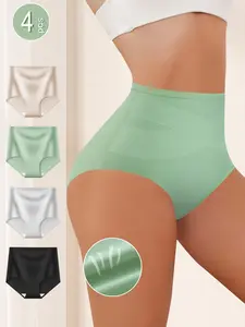 QUASTI 4PCS Plus Size Woman Underwear for Women, High Waisted Cotton Briefs, Comfortable & Breathable Full Coverage Briefs, Adult Solid Color Soft Strech Ladies Panties Bbirthday Gifts for Women